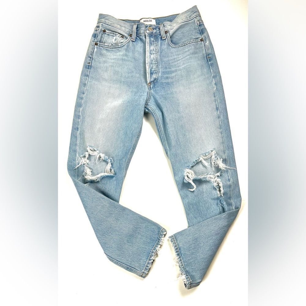 Agolde Riley High Rise Straight Crop Distressed Ripped Knee Jeans - Picture 7 of 15